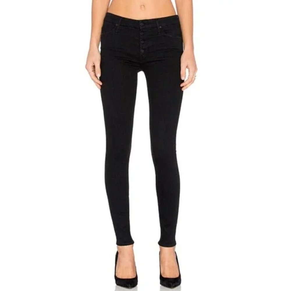 MOTHER The Pixie Black Not Guilty Wash Button Fly Skinny Jeans Size 24